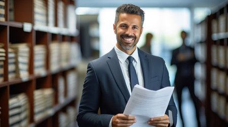 Joyful attorney in legal setting committed to upholding clients' legal protectionsの素材