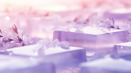 Wellness product staging on soft-lit transparent iceの素材