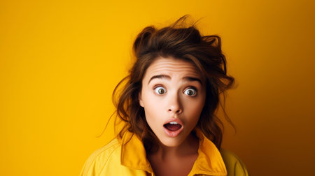 Surprised young woman in yellow on orange background with copyの素材