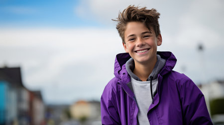 Teen's grin in purple ensemble on turquoise backdropの素材