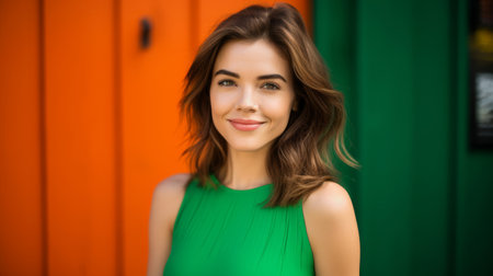 Orange background smiling woman in vibrant green dressの素材