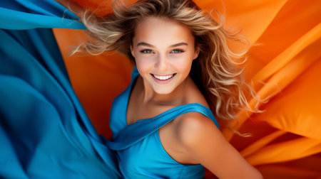 Playful girl in blue dress on orange banner for copyの素材