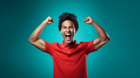 Turquoise banner featuring excited man in fiery red shirtの素材