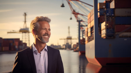 Maritime lawyer by harbor joyful about maritime law and tradeの素材