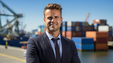 Happy maritime lawyer at harbor passionate about shipping lawsの素材