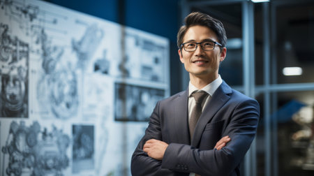 Joyful attorney safeguarding patent rights surrounded by innovationsの素材
