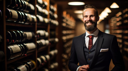 Dedicated sommelier in well-stocked cellar smiling wine expertise shownの素材