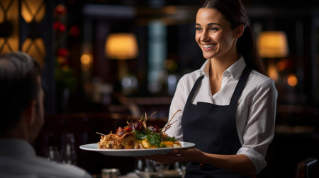 Smiling server presenting dish reflecting desire to delight guestsの素材