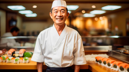 Skilled sushi chef crafting sushi roll smiling with culinary prideの素材