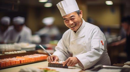 Dedicated sushi chef in sushi bar crafting rolls with warm smileの素材