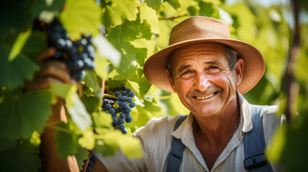 Winegrower tending vines warm smile showing dedication to viticultureの素材