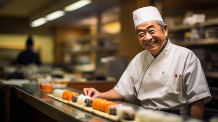 Artful sushi chef in sushi bar embodying Japanese culinary traditionsの素材
