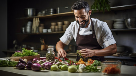 Food stylist in photoshoot arranging with precision smiling creativelyの素材