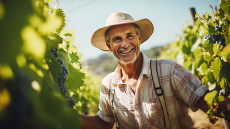 Happy vineyard worker nurturing vines passion for winemaking shownの素材