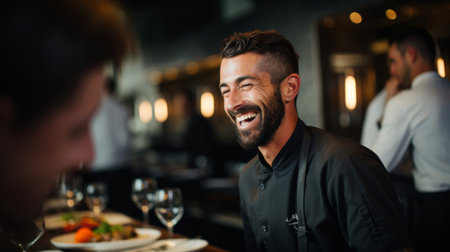 Happy event coordinator in venue focused on exceptional cuisineの素材