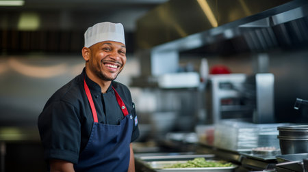 Happy food safety trainer teaching proper handling in professional kitchenの素材