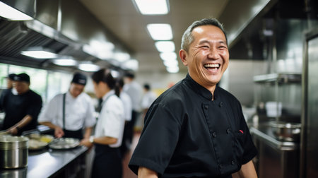 Joyful food safety trainer in session on kitchen hygiene dedication shownの素材