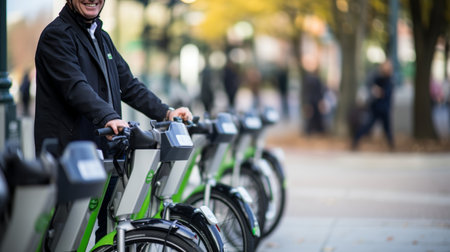 Bike-share station attendant committed to sustainable commutingの素材