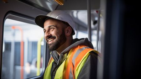 Confident light rail operator smiling over eco-friendly transportの素材