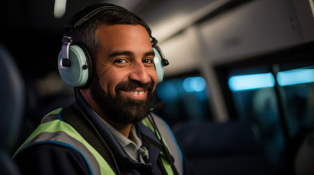 Dispatcher smiles confidently coordinating airport shuttle serviceの素材