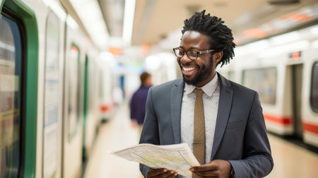Planner with maps smiles over designing inclusive transport networksの素材