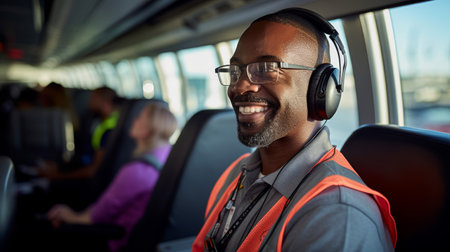 Airport shuttle dispatcher ensures seamless travel with confident smileの素材