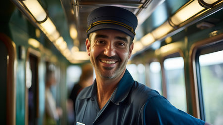 Tram driver greets with a wide smile for seamless urban travelの素材