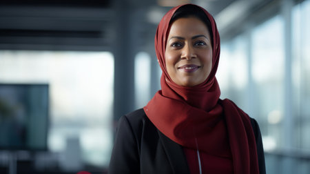 A committed human rights advocate in an organization's headquarters smiles kindly.の素材