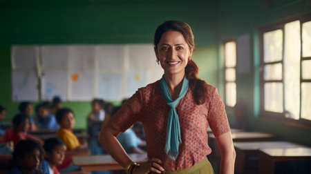 A delighted teacher in a vibrant classroom smiles warmly.の素材