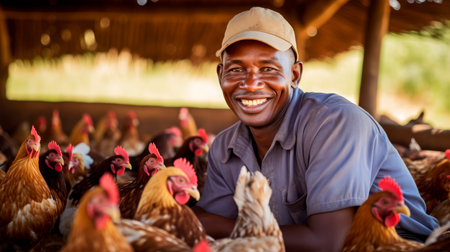 Poultry farmer checks contented chicken with warm smile and humane approachの素材