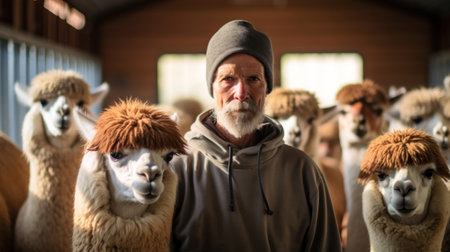 In tranquil barn caring alpaca breeder warmly gazes alpacas stand serenelyの素材