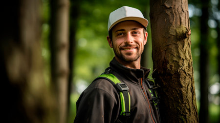 Dedicated arborist in tree-filled scene gazing with purpose cradles young saplingの素材