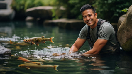 Engaged aquaculturist by pristine fish pond smiles with responsibility fish swims gracefullyの素材