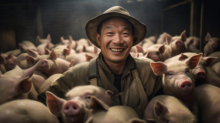 In pigsty exuberant pig farmer smiles gently with roaming pigs of various sizesの素材