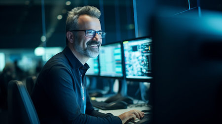 Joyful cybersecurity expert monitoring secure communication channels""の素材