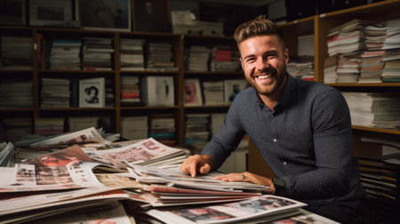 Happy magazine editor curating visually appealing and informative content"の素材