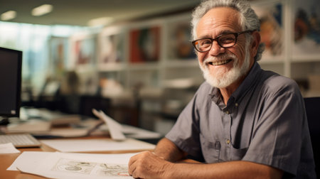 Smiling editorial cartoonist at work""の素材