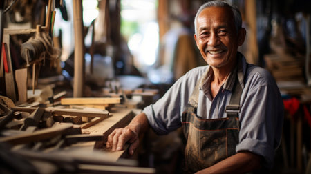 Radiating sense of accomplishment in carpentry artisan's smileの素材