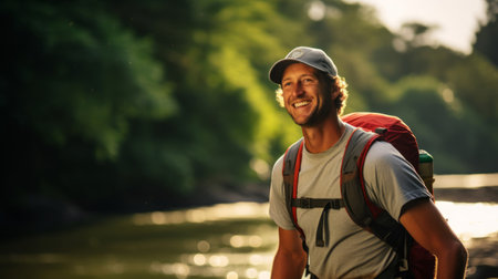Exuberant fly fisherman by a tranquil riverの素材