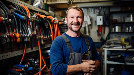 Proud plumbing expert with organized pipesの素材