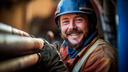 Dedicated pipe welder with industrious backgroundの素材