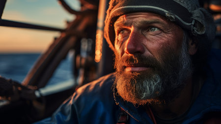 Portrait of a pilot on the deck of a ship at sunsetの素材
