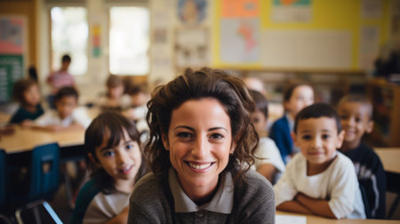 Portrait of smiling teacher sitting at desk in classroom at elementary schoolの素材