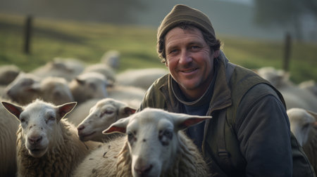 Portrait of smiling farmer with sheep herd on a farm in autumnの素材