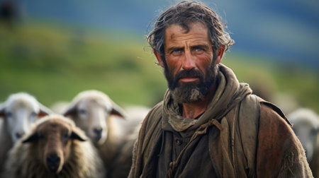Portrait of a shepherd with a flock of sheep in the backgroundの素材