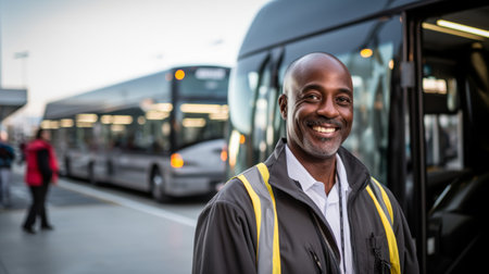Portrait of smiling african american man standing in bus stationの素材