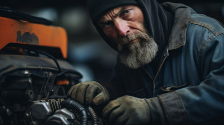Portrait of an old man with a gray beard and mustache repairing a motorbike.の素材