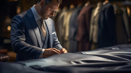 Close up of a young businessman checking his jacket in a luxury boutiqueの素材