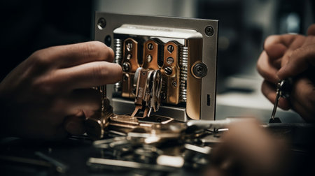 Close-up of a man repairing a computer. Selective focus.の素材