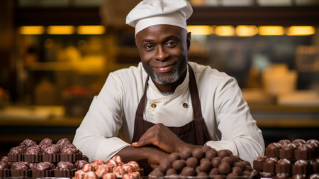 african american male confectioner holding chocolate trufflesの素材